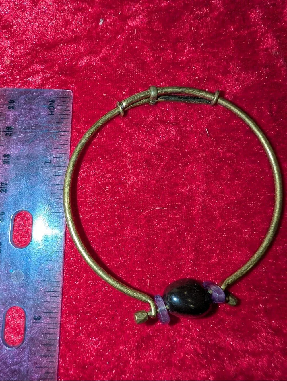 Vintage Brass Adjustable Bangle Bracelet with Purple and Black Stone Beads